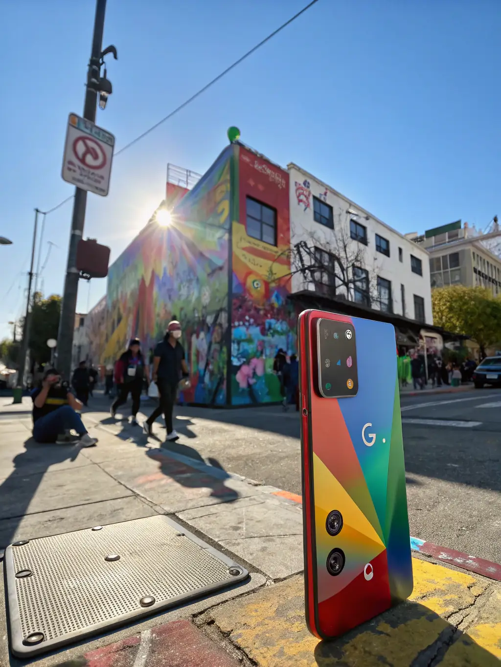 A refurbished Google Pixel 4a being used to take a photo outdoors, demonstrating its camera capabilities in natural lighting.