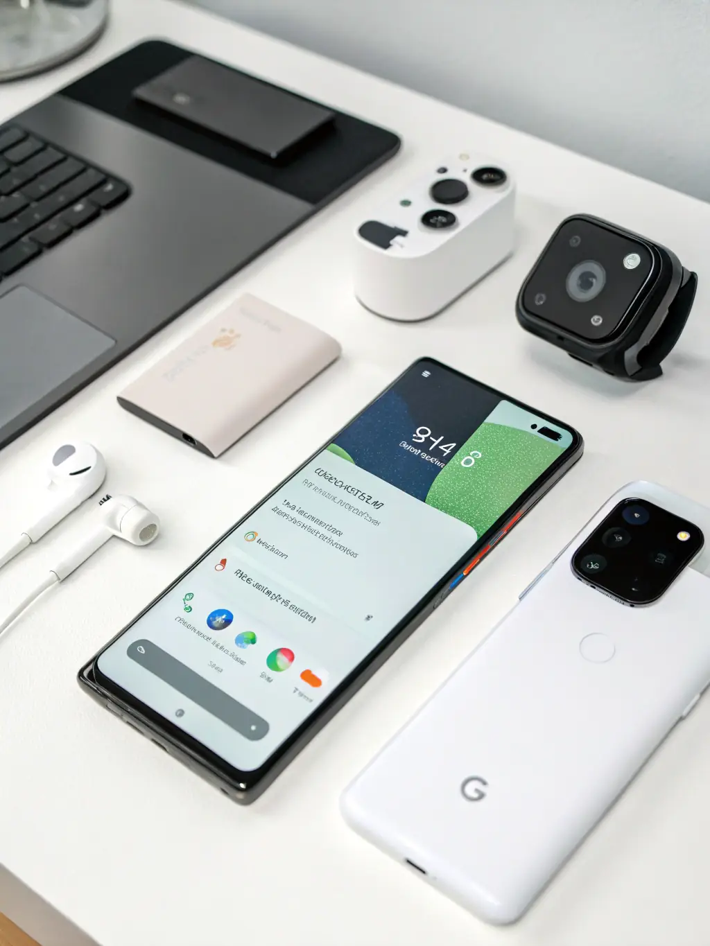 A refurbished Google Pixel 5 displayed on a desk, emphasizing its minimalist design and the Google logo on the back.