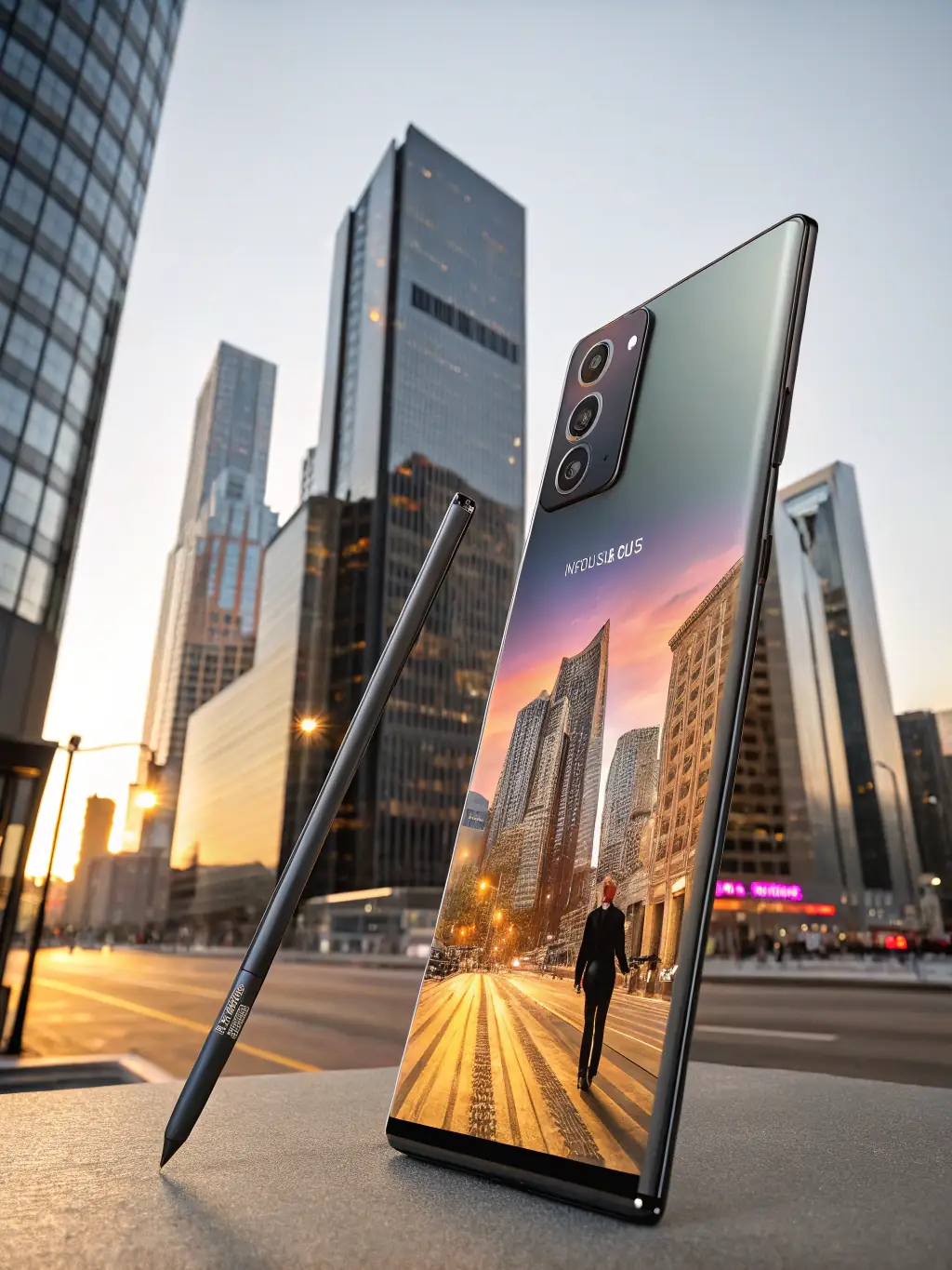 A clean image of a refurbished Samsung Galaxy Note 20 Ultra, focusing on its large display and S Pen, emphasizing its productivity features.