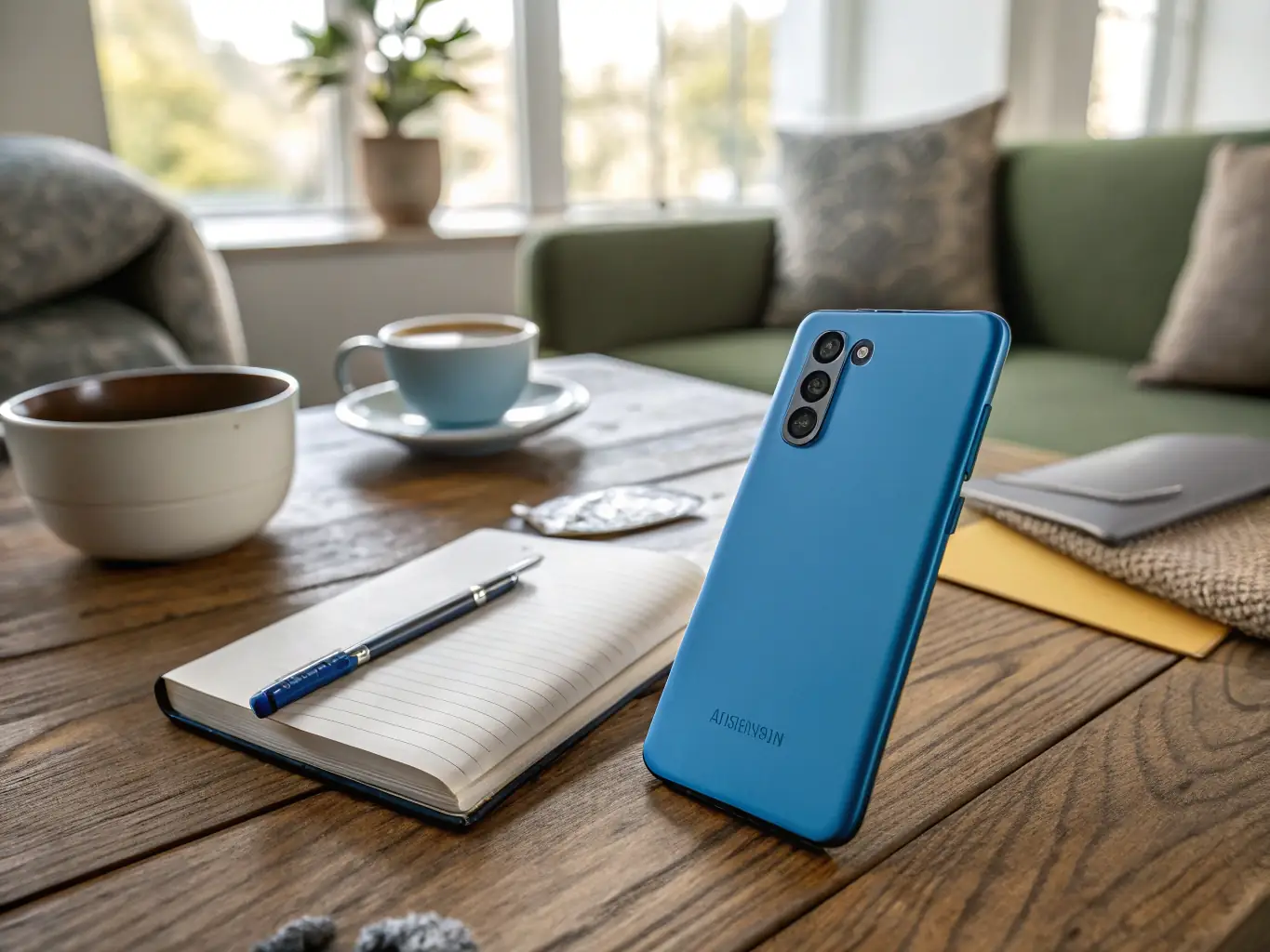 A Samsung Galaxy A52s refurbished phone is displayed, focusing on its vibrant color and sleek design, placed in a casual setting to appeal to a younger audience.