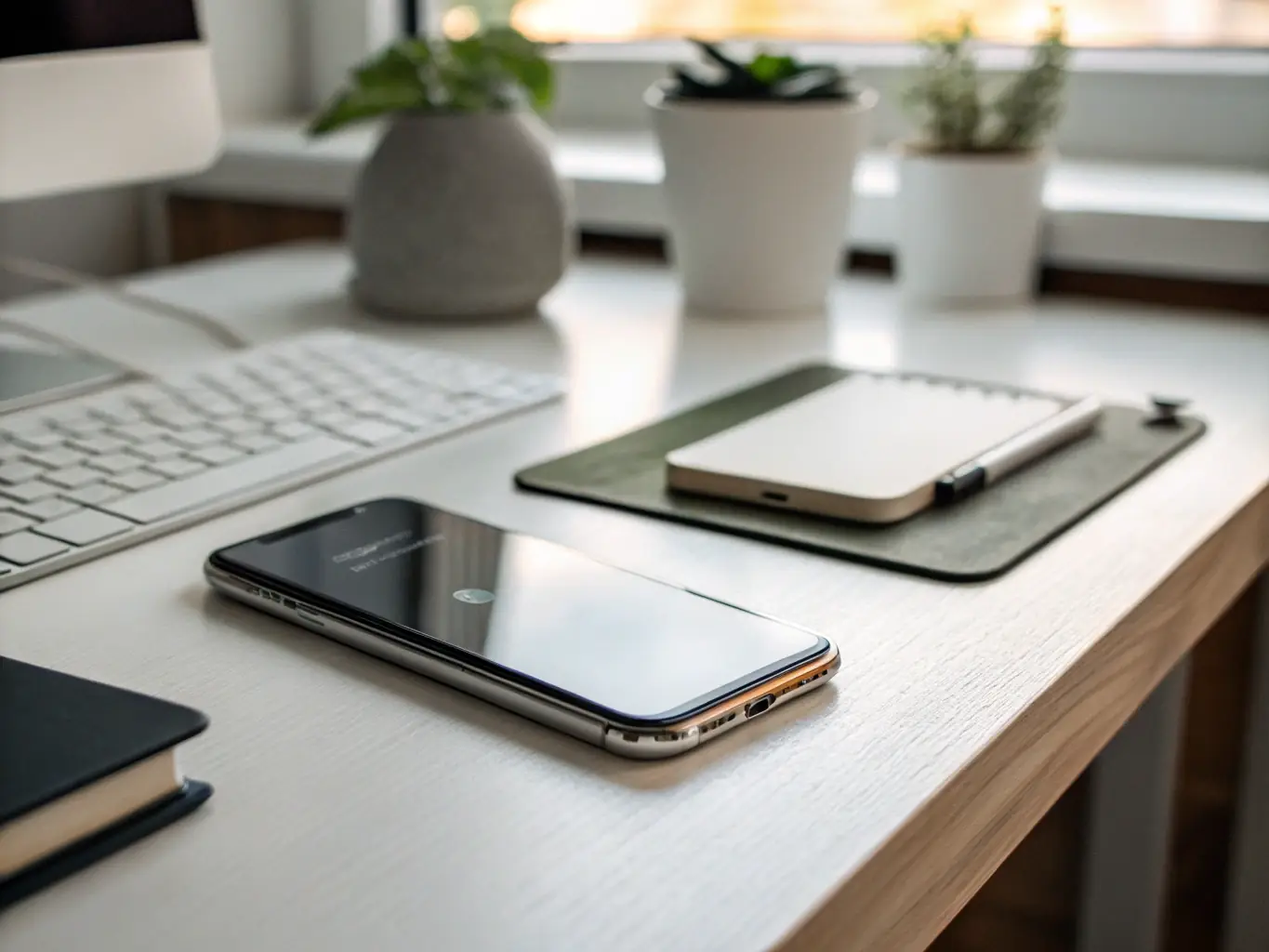 A close-up shot of a Samsung Galaxy S21 refurbished phone, highlighting its sleek design and vibrant screen, placed on a modern desk with a blurred background to emphasize its premium quality.