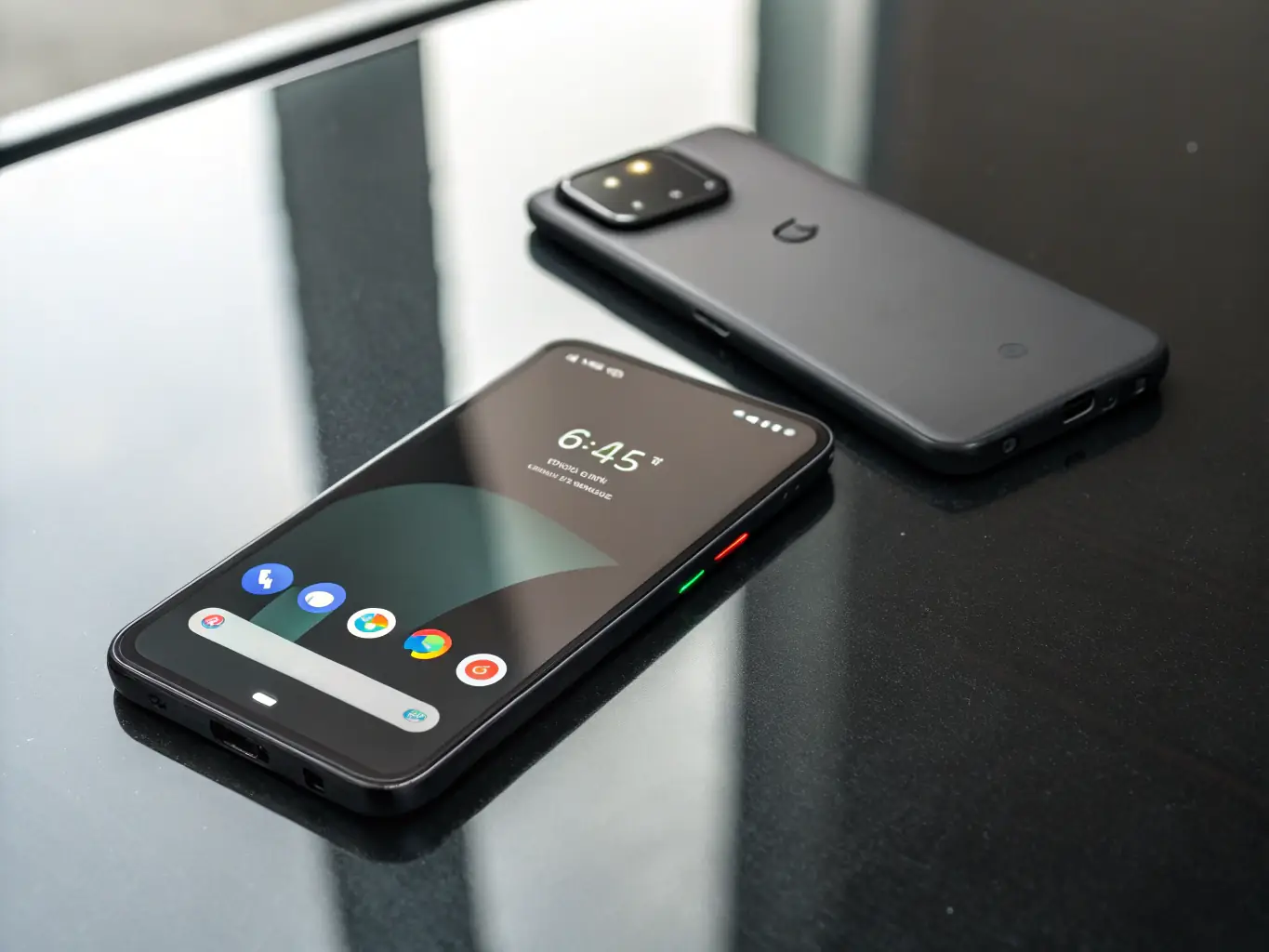 A detailed shot of a refurbished Google Pixel 5, highlighting its camera capabilities and compact design, placed in a natural, outdoor setting.