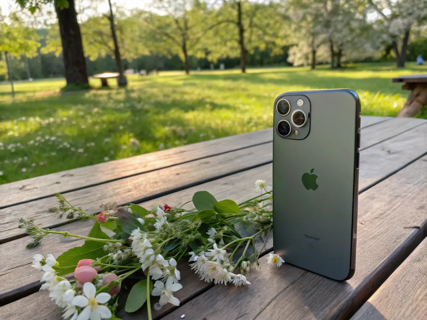 An image of a refurbished iPhone 12, highlighting its camera capabilities with a focus on a detailed photograph taken with the device. The setting is a well-lit outdoor environment.